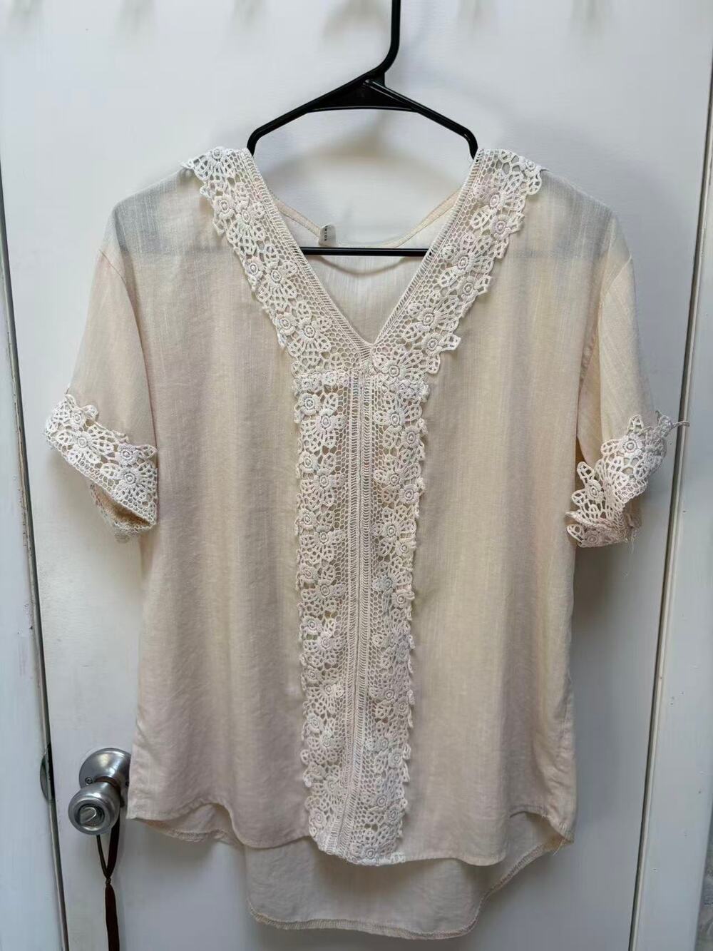 Cream Crochet Lace Trim V Neck Blouse Short Sleeve Boho Linen Blend Tunic Top L